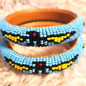 Set of 2 Blue Handcrafted Beaded Leather Bangles with Thunderbird design